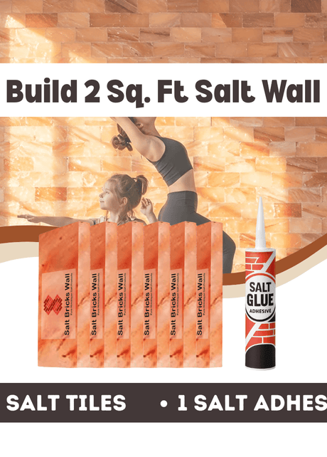 Salt wall building kit with salt tiles and adhesive on a wooden background