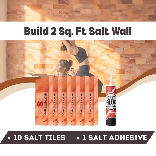 Salt wall building kit with salt tiles and adhesive on a wooden background