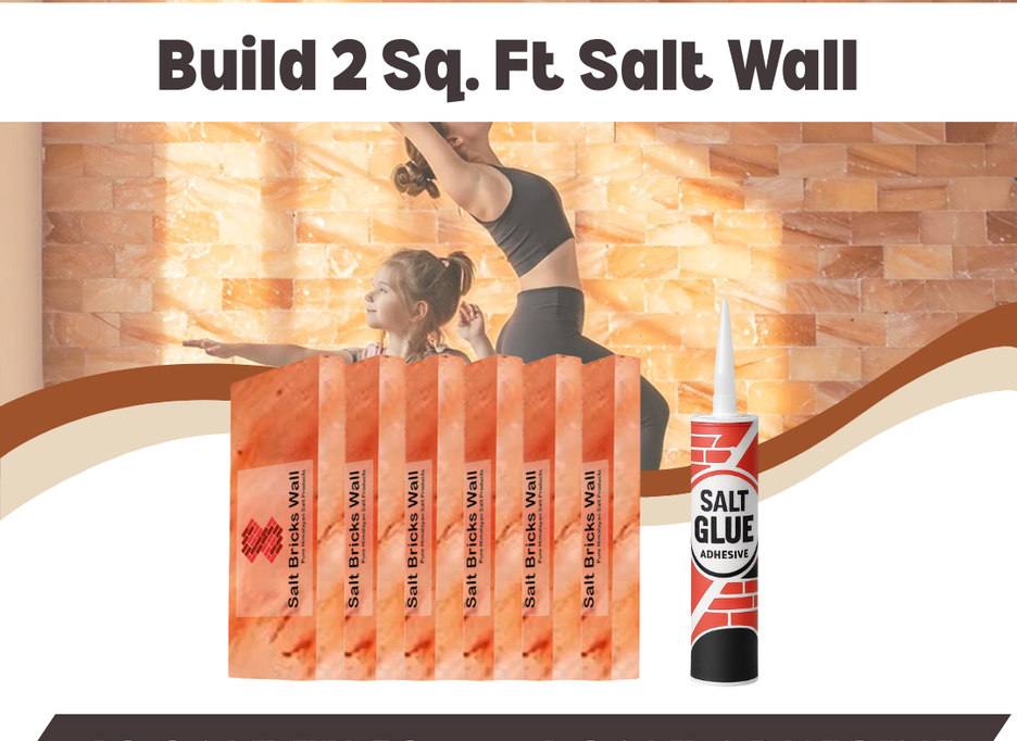 Salt wall building kit with salt tiles and adhesive on a wooden background