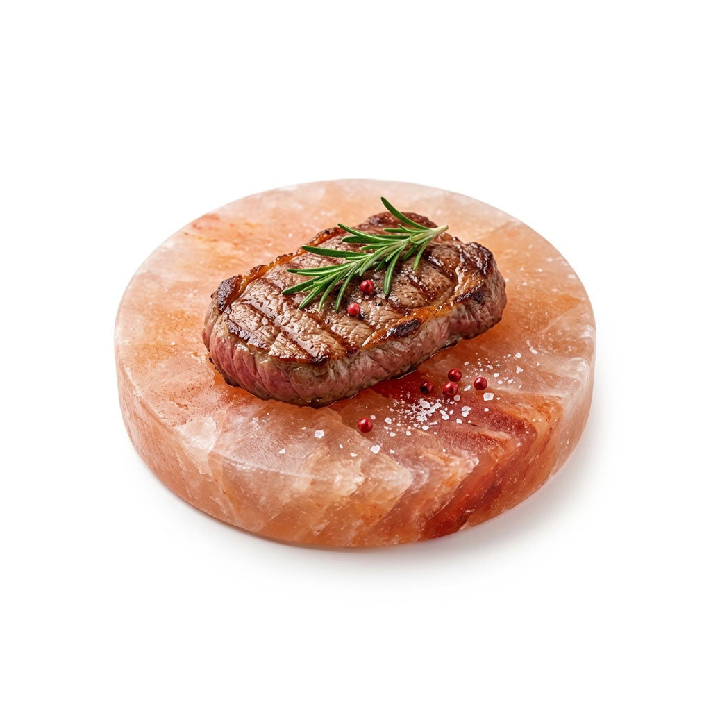 Round Himalayan Pink Salt Cooking Block with grilled steak, rosemary, and peppercorns for BBQ grilling and gourmet cooking
