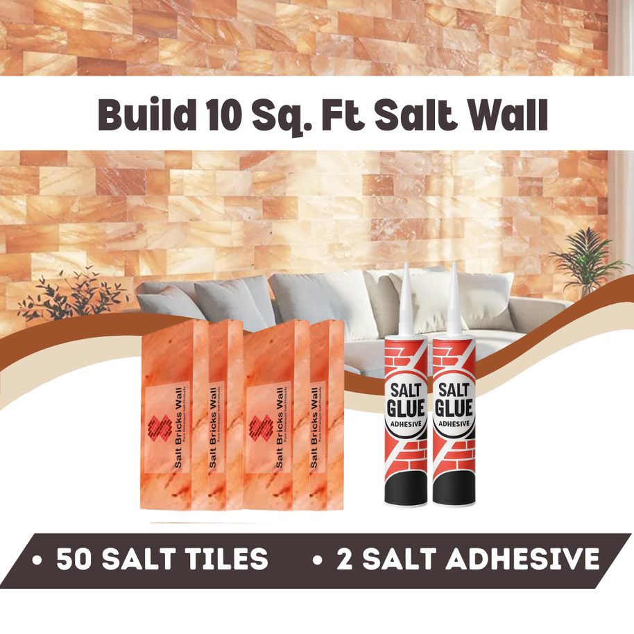 Salt wall building kit with salt tiles and adhesive on a neutral background