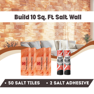Salt wall building kit with salt tiles and adhesive on a neutral background