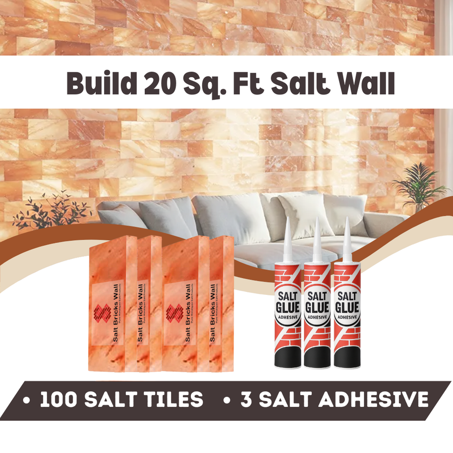 Salt wall building kit with salt tiles and adhesive on a neutral background