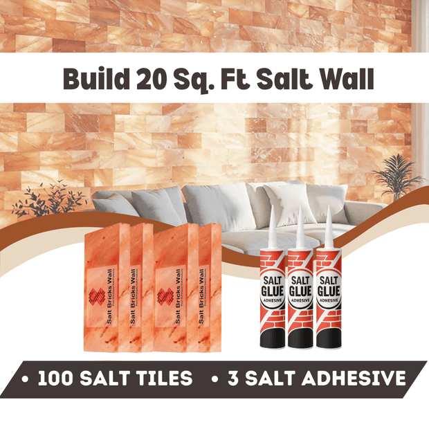 Salt wall building kit with salt tiles and adhesive on a neutral background