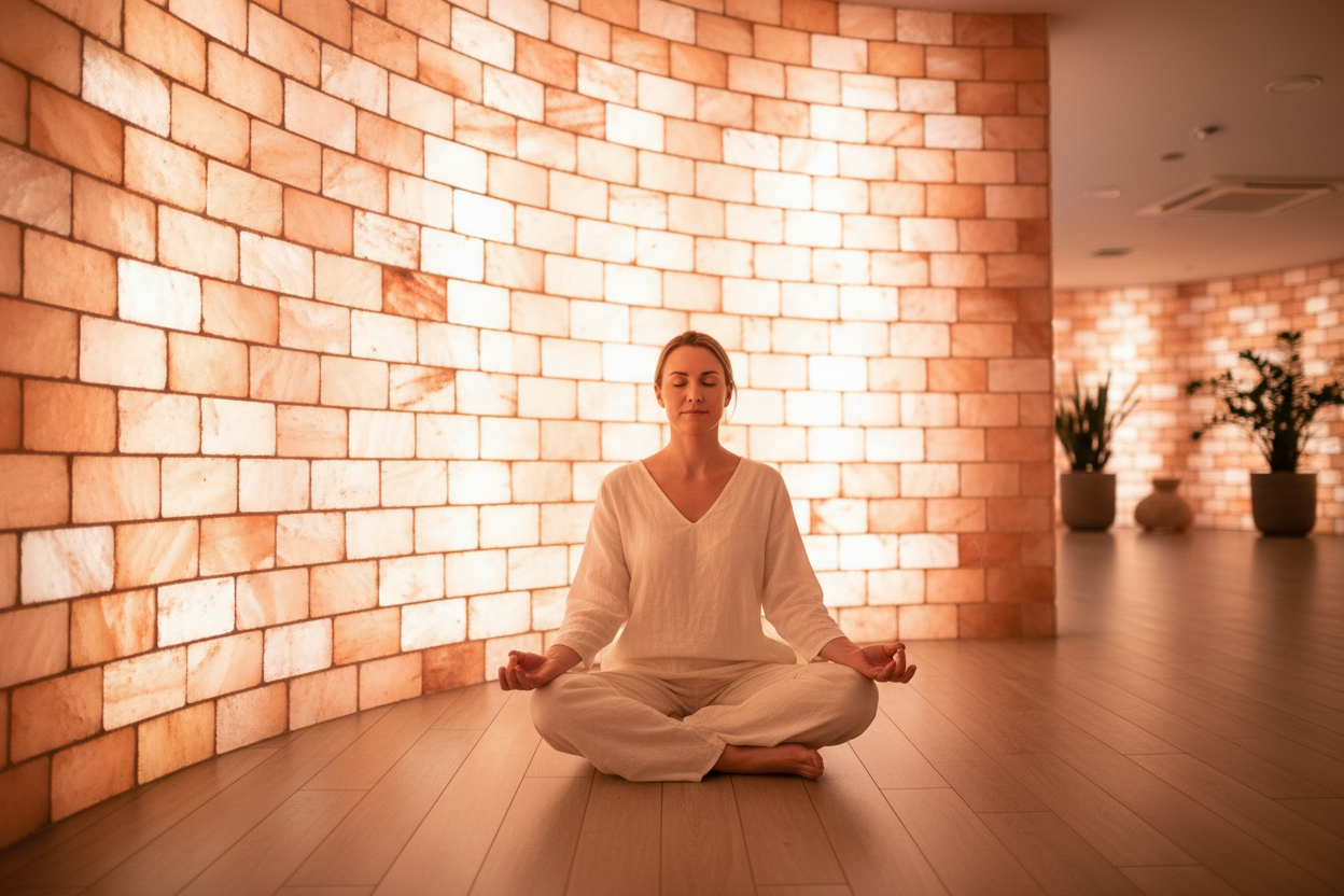 a women sitting in front of pink salt wall